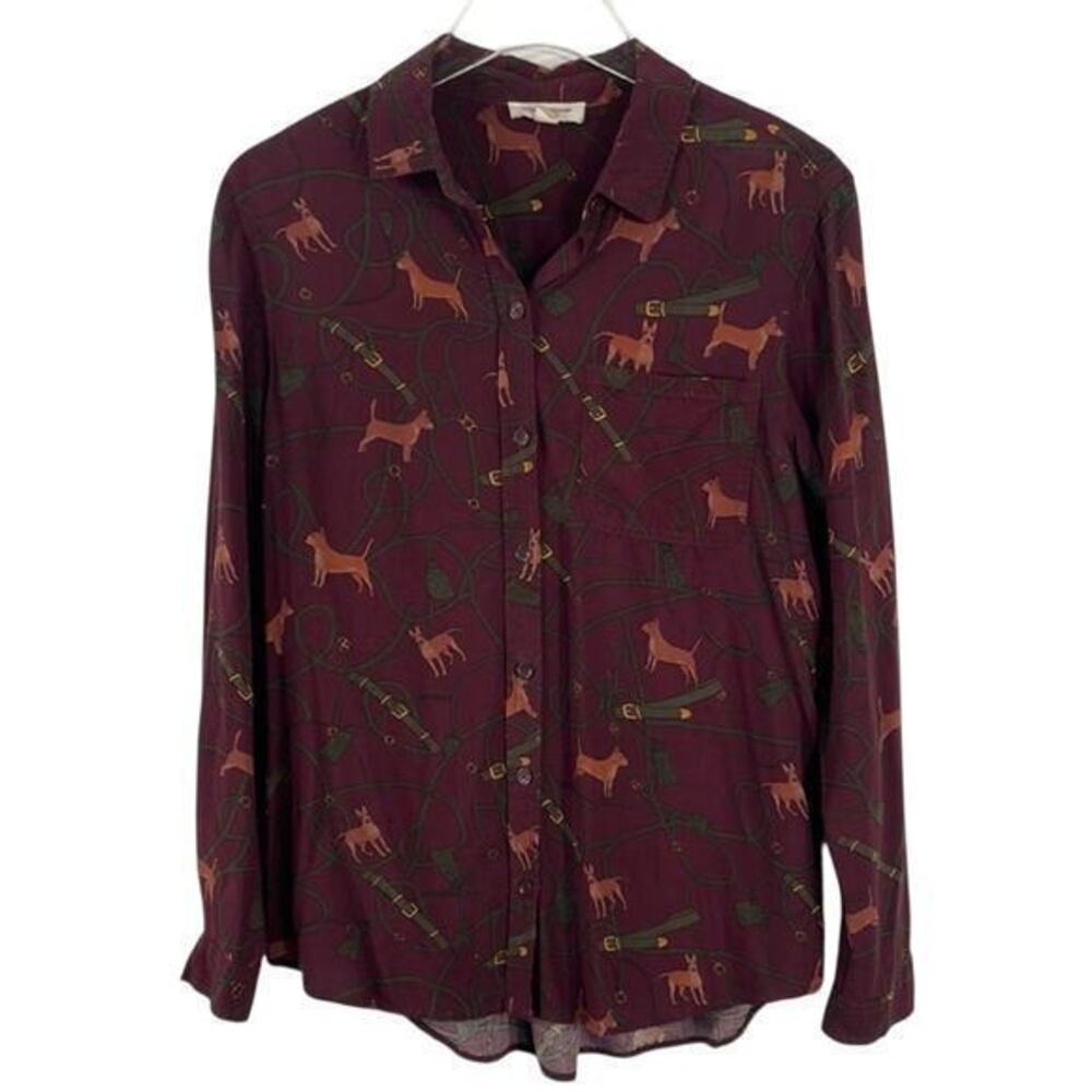 Beach lunch lounge all over dog puppy print button front burgundy blouse sz M